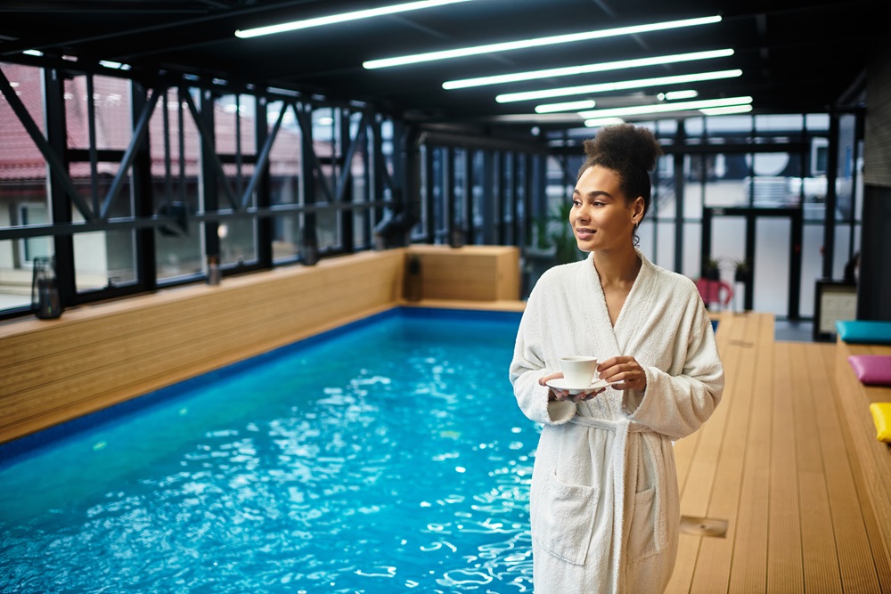 A young African American woman savors a calming moment by a serene pool, embodying relaxation. Geschäftsfrau am Hotelpool entspannen