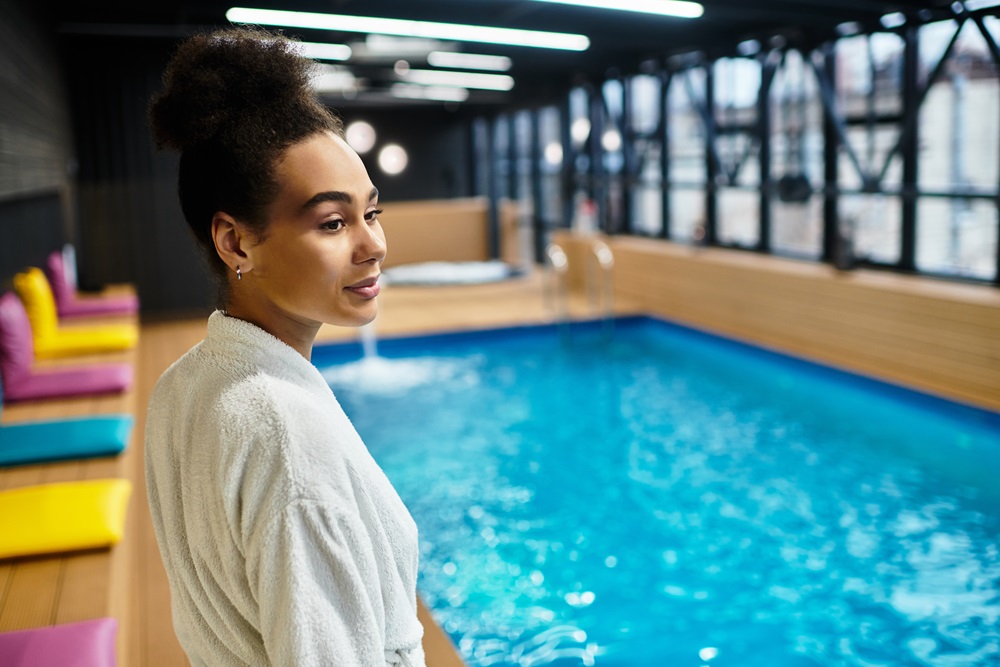 Relaxing in a luxurious spa space, a young woman embraces tranquility and wellbeing. Business woman at hotel pool