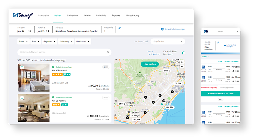 Easy booking DE - Device screen laptop (hotel results) + phone (flight results) 1200px Einfache Buchung DE - Gerätebildschirm Laptop (Hotelergebnisse) + Telefon (Flugergebnisse) 1200px